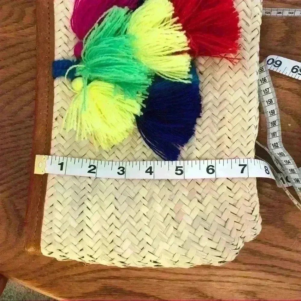 Set of Large Boho Rafia Tote Bags 14x22 Matching Clutch 7x12 Multi Color Tassels - Picture 10 of 12